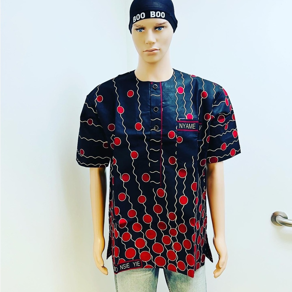 African print black/red short sleeve shirt for men